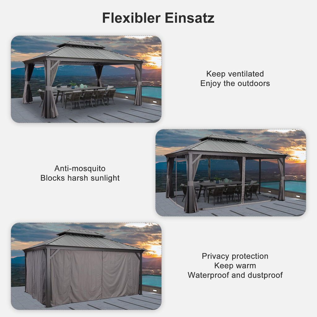 PURPLE LEAF 3.65 x 4.85m Large Hardtop Gazebo with Galvanised Steel Double Roof, Permanent Aluminium Garden Gazebo with Curtains & Netting for Patio, Lawn or Deck, Grey