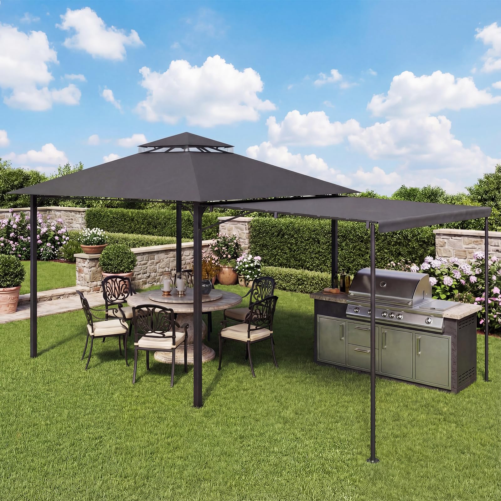 Devoko Expandable Gazebo 3x3m to 3x6m, Waterproof & UV50+ Canopy, Heavy Duty Steel Frame, with Mosquito Screens, for Garden, Patio, BBQ Parties – Grey