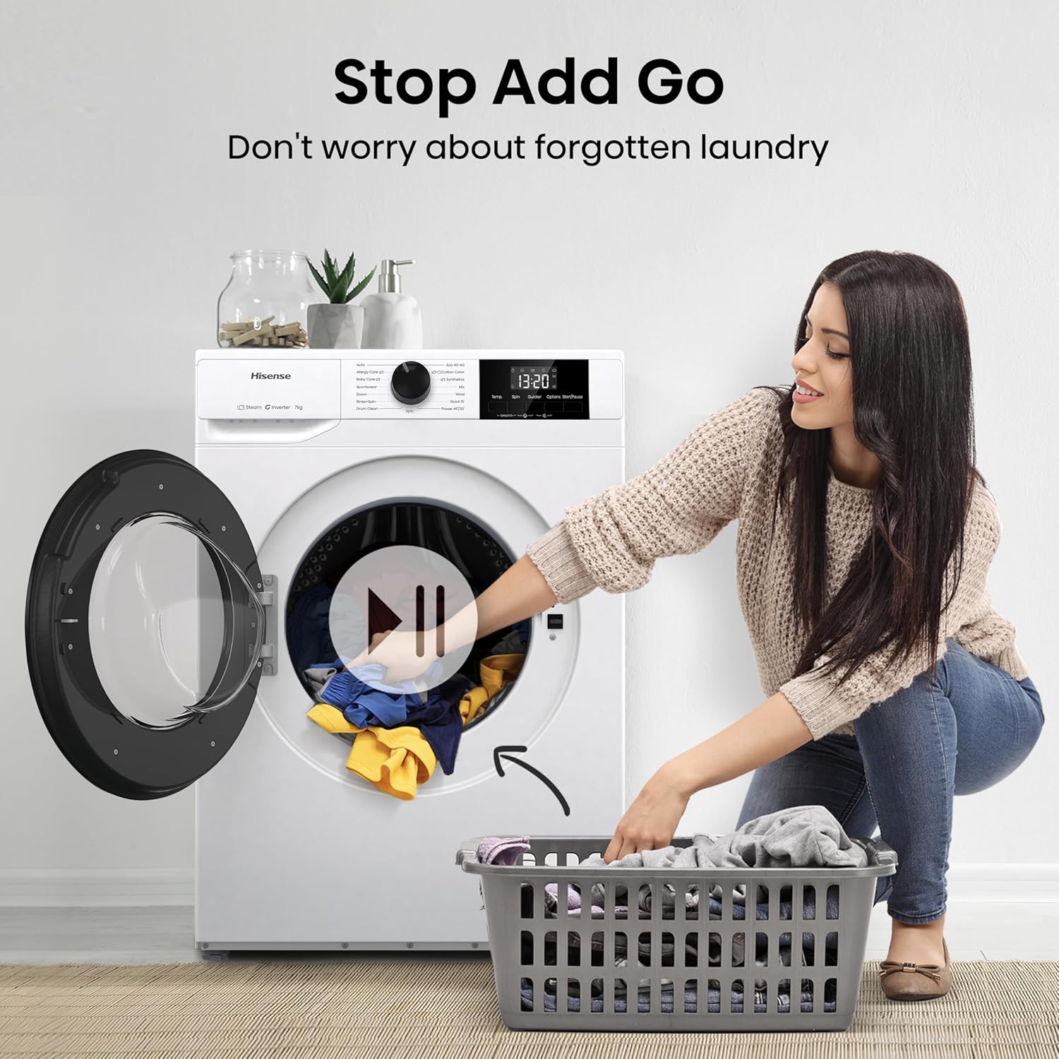 Hisense WF1G7021BW Freestanding 7 KG-Front Load Durable Inverter Washing Machine, Steam Wash-Quick Wash-15 Washing Programs-1200 RPM-White-Energy Rating B [Energy Class B]