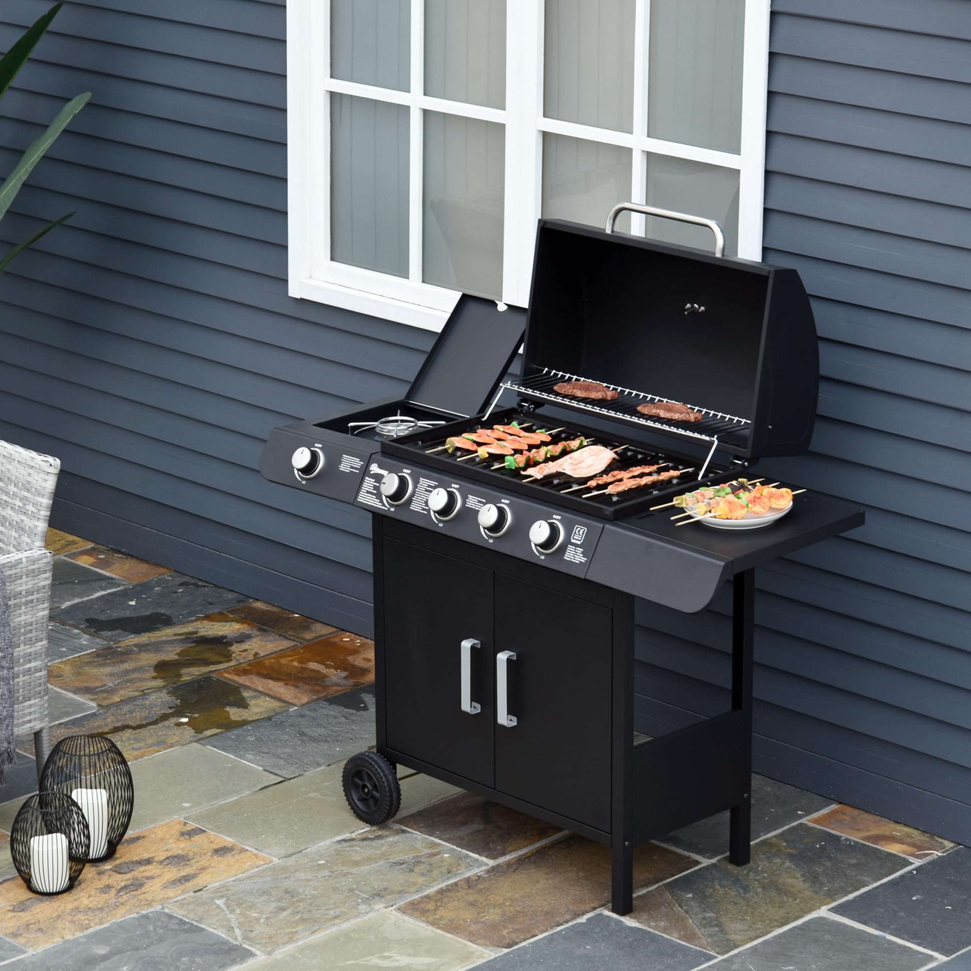 Outsunny 4+1 Burner Gas BBQ Grill, Outdoor Barbecue Trolley with Wheels, Warming Rack, Side Shelves, Cabinet, Thermometer for Garden, Party, Camping, 125 L x 51 W x 100 H cm, Black