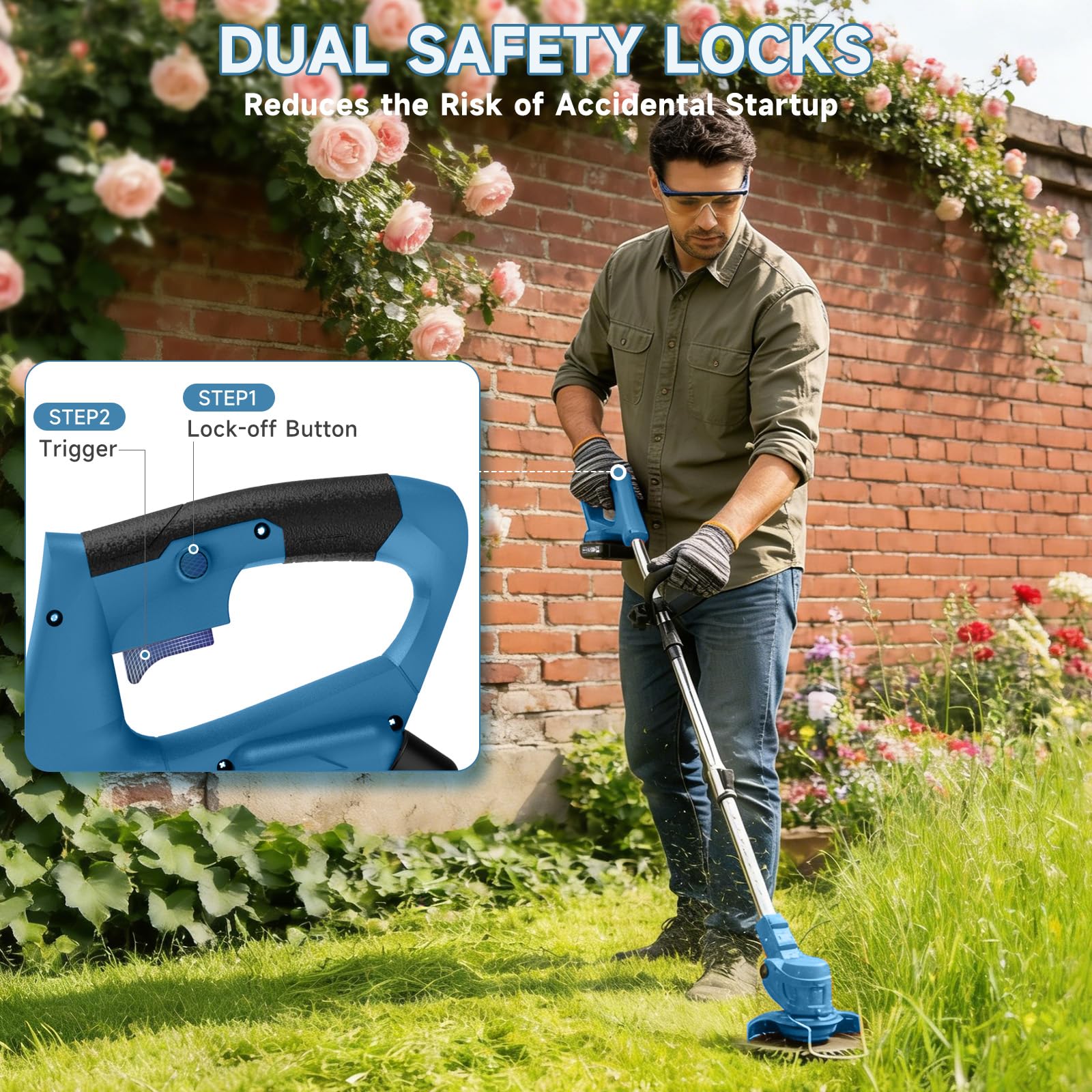 21V Cordless Strimmer, 700W Grass Trimmer with 2x 2000mAh Batteries, Lightweight Foldable Battery Strimmers Cordless with 26 Blades,90° Adjustable Head for Garden Lawn Weeding - Deep Blue