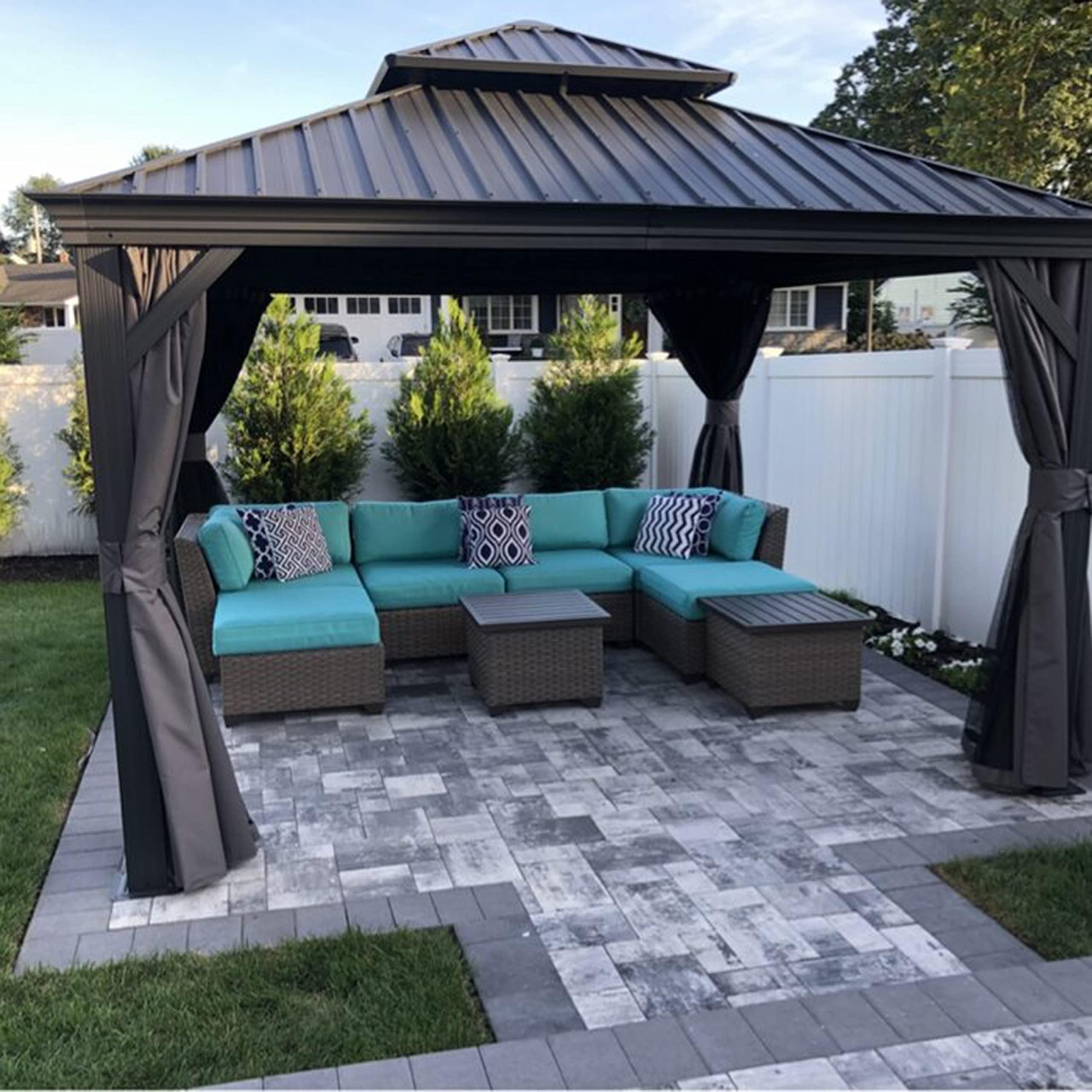 PURPLE LEAF 3 x 3.65m Large Hardtop Gazebo with Galvanised Steel Double Roof, Permanent Aluminium Garden Gazebo with Curtains & Netting for Patio, Lawn or Deck, Grey