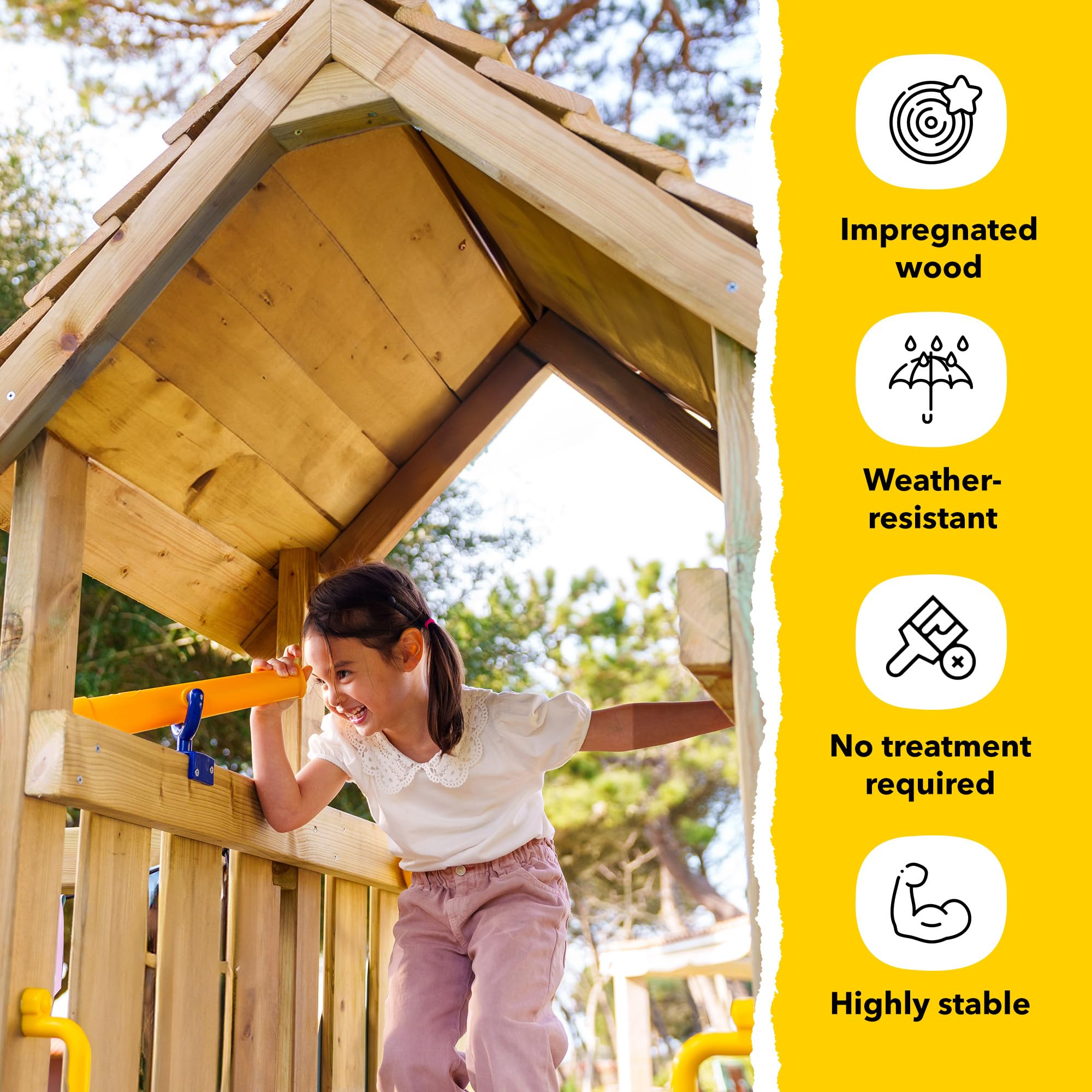 WICKEY Wooden climbing frame Smart Camp with swing set & green slide, Outdoor kids playhouse with sandpit, climbing ladder & play-accessories for the garden
