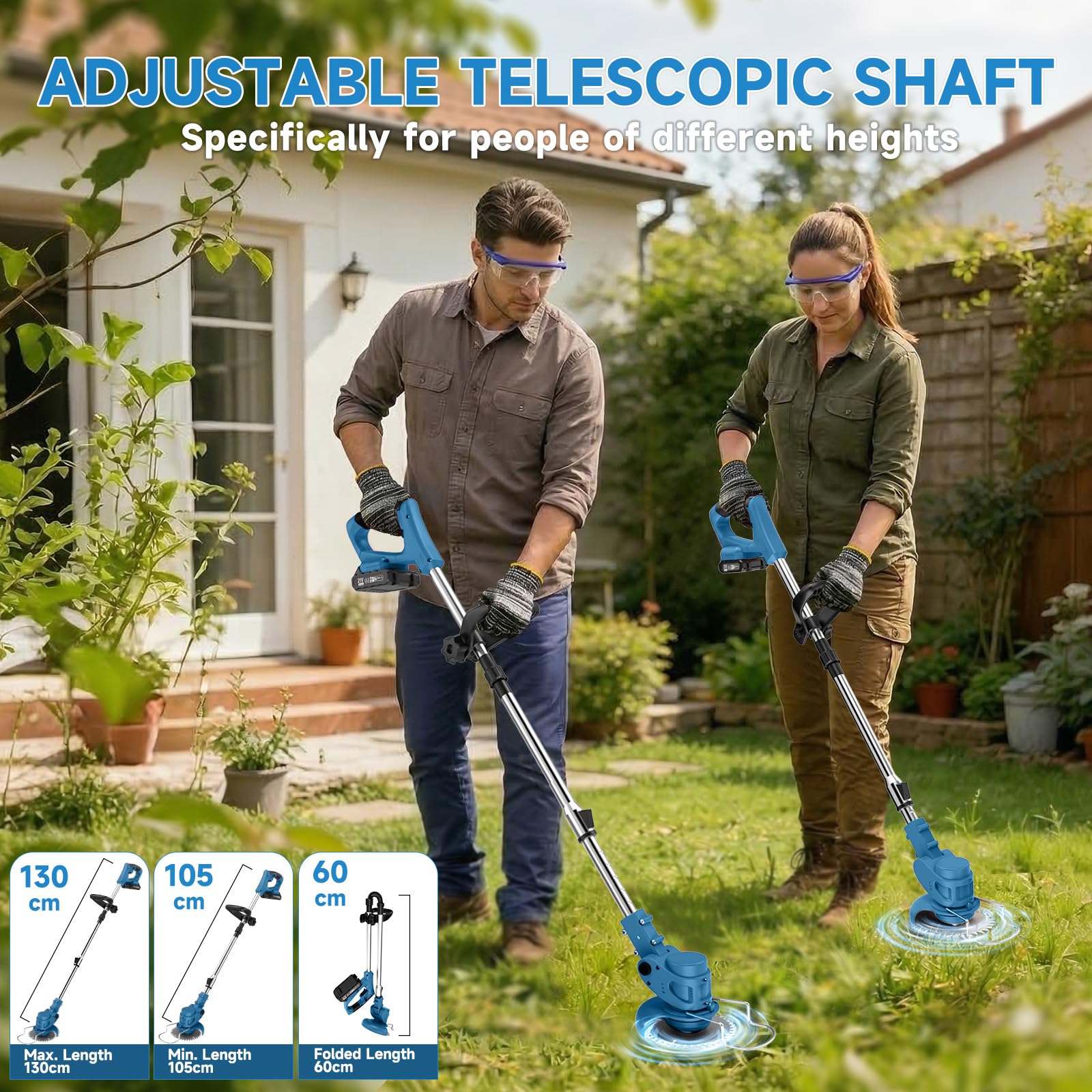 21V Cordless Strimmer, 700W Grass Trimmer with 2x 2000mAh Batteries, Lightweight Foldable Battery Strimmers Cordless with 26 Blades,90° Adjustable Head for Garden Lawn Weeding - Deep Blue