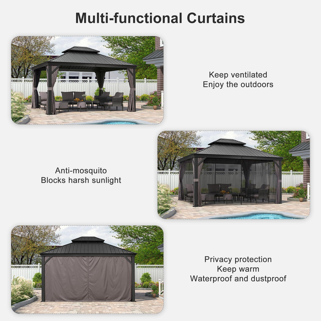 PURPLE LEAF 3 x 3.65m Large Hardtop Gazebo with Galvanised Steel Double Roof, Permanent Aluminium Garden Gazebo with Curtains & Netting for Patio, Lawn or Deck, Grey