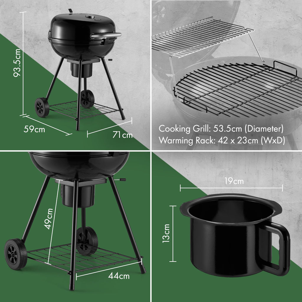 VonHaus Charcoal BBQ 22.5" – Portable Kettle Barbecue with Warming Rack, Temperature Gauge, Storage Shelf, Wheels, Lockable Lid, Removable Ash Cup, Large Cooking Grill – Grill Meat, Fish & Vegetables