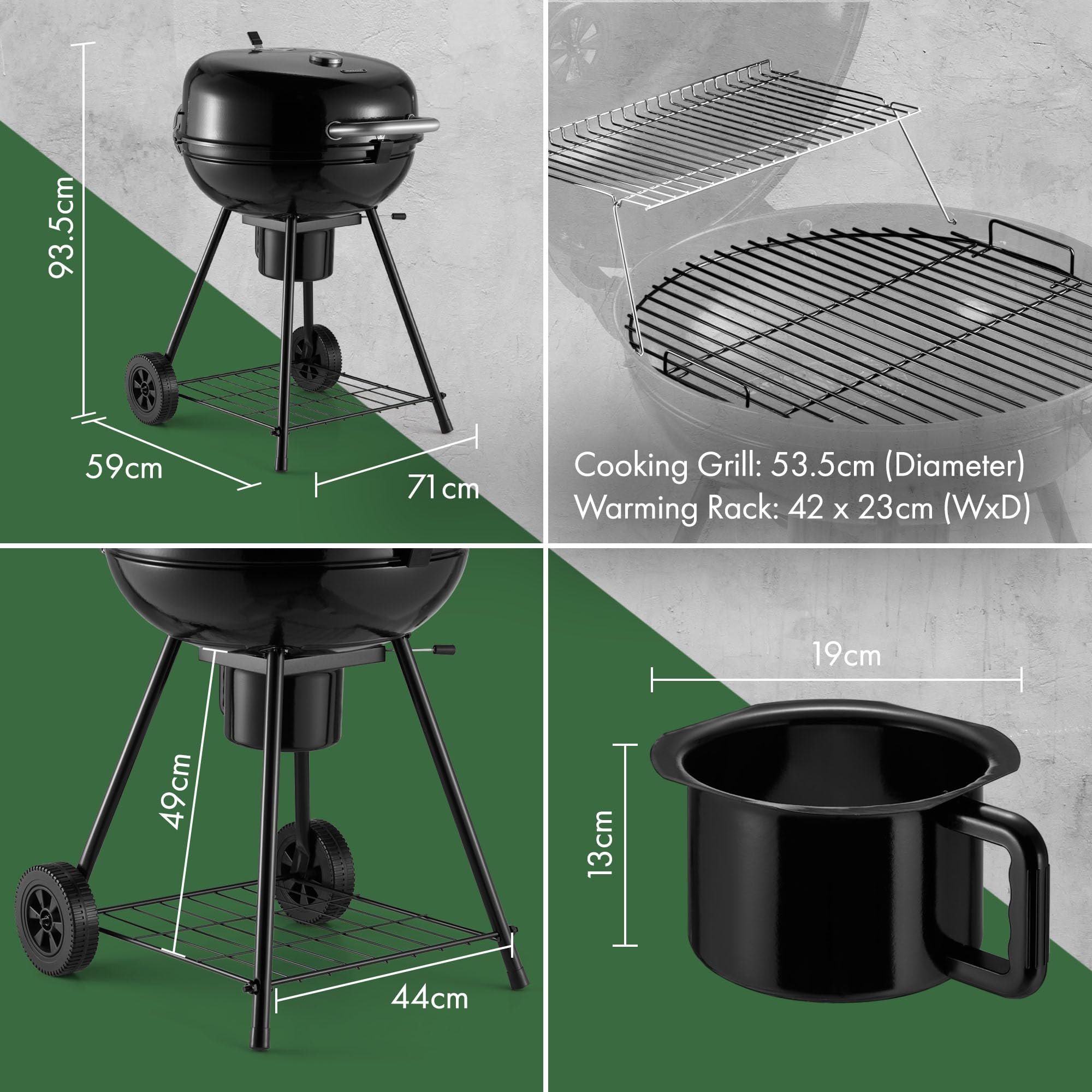 VonHaus Charcoal BBQ 22.5" – Portable Kettle Barbecue with Warming Rack, Temperature Gauge, Storage Shelf, Wheels, Lockable Lid, Removable Ash Cup, Large Cooking Grill – Grill Meat, Fish & Vegetables