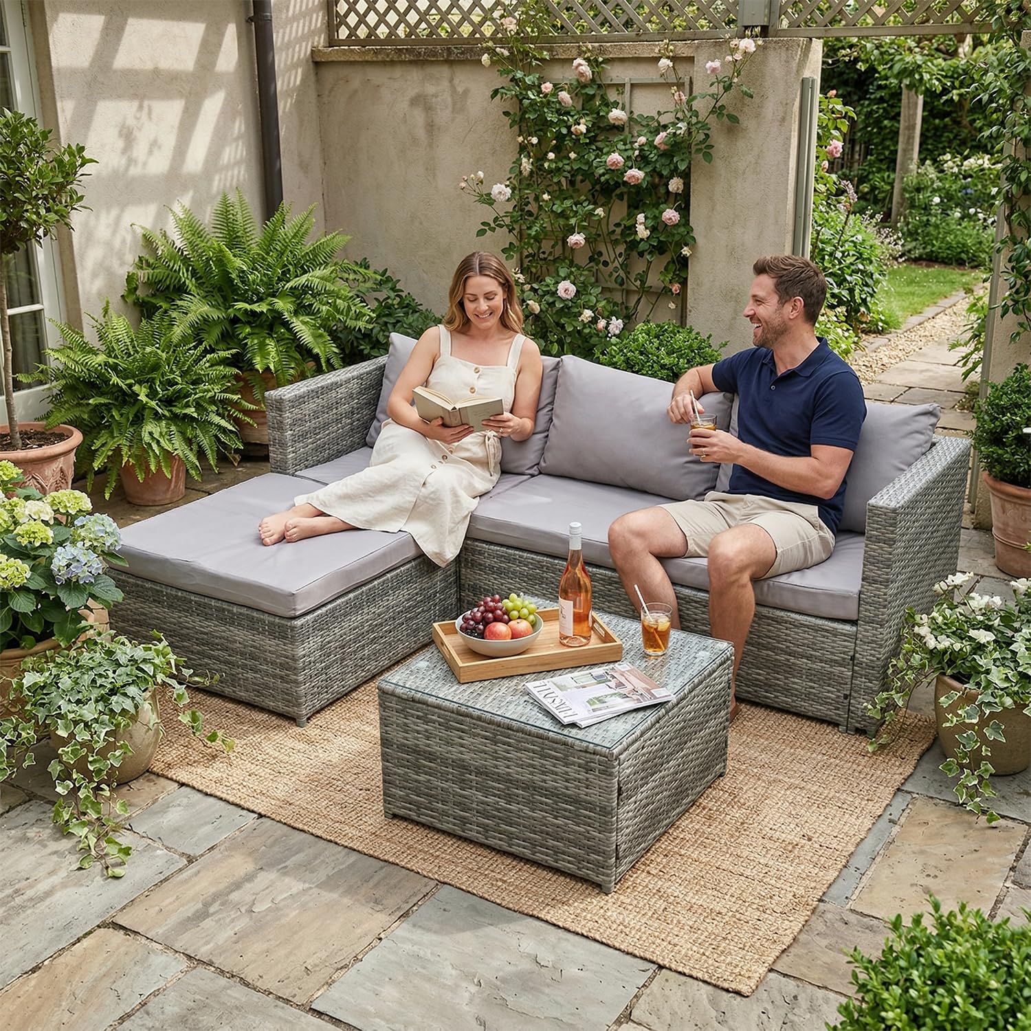 COZYBRITE Garden Corner Sofa Rattan Furniture Set 4 Seater Patio Outdoor Lounge Settee with Glass Coffee Table All-weather SFS066 (Mix Grey Rattan+Grey Cushion)