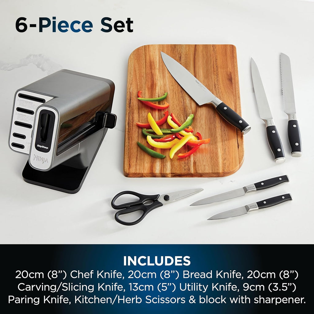 Ninja Foodi StaySharp Knife Block with Integrated Sharpener 5 Knives and Scissors (1 pair), Sharp 6-Piece Knife Set Chef, Bread, Slicing, Utility, Paring Knives & Scissors, Stainless Steel, K32006UK