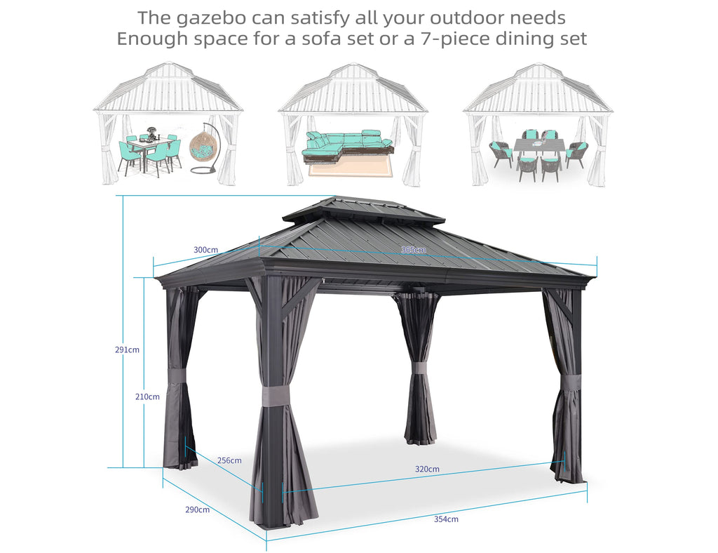 PURPLE LEAF 3 x 3.65m Large Hardtop Gazebo with Galvanised Steel Double Roof, Permanent Aluminium Garden Gazebo with Curtains & Netting for Patio, Lawn or Deck, Grey