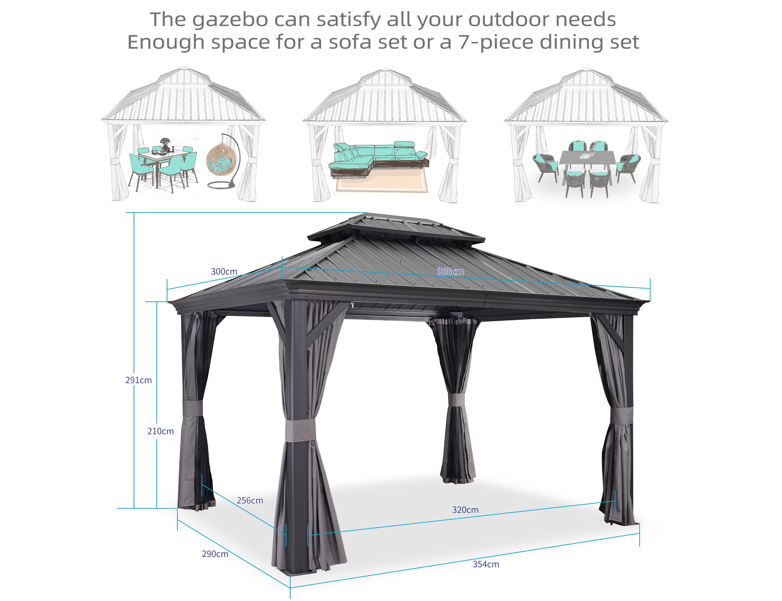 PURPLE LEAF 3 x 3.65m Large Hardtop Gazebo with Galvanised Steel Double Roof, Permanent Aluminium Garden Gazebo with Curtains & Netting for Patio, Lawn or Deck, Grey