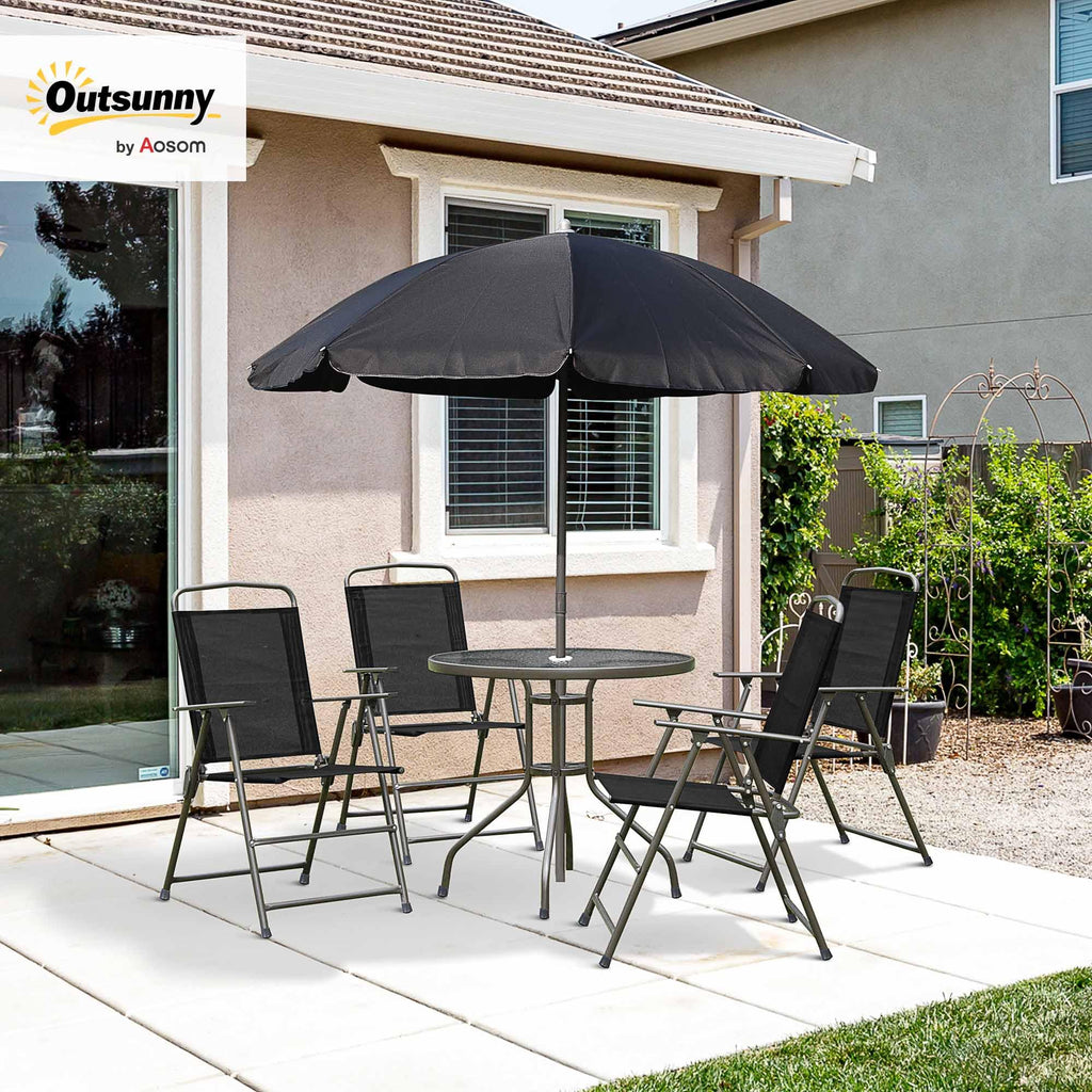Outsunny 6 Piece Garden Dining Set with Umbrella, Patio Sets with Parasol with 4 Folding Dining Chairs & Round Tempered Glass Table, Black