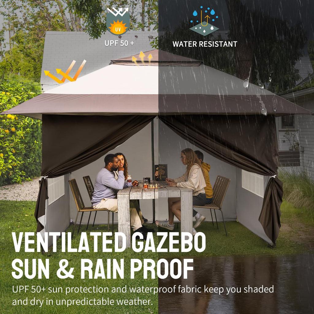 CROWN SHADES 4m x 4m Pop Up Gazebo with 4 Removable Side Panels, Double Roof Pop Up Party Canopy, Height-Adjustable Metal Frame Garden Shelter for Patio & Outdoor Events, Includes Carry Bag