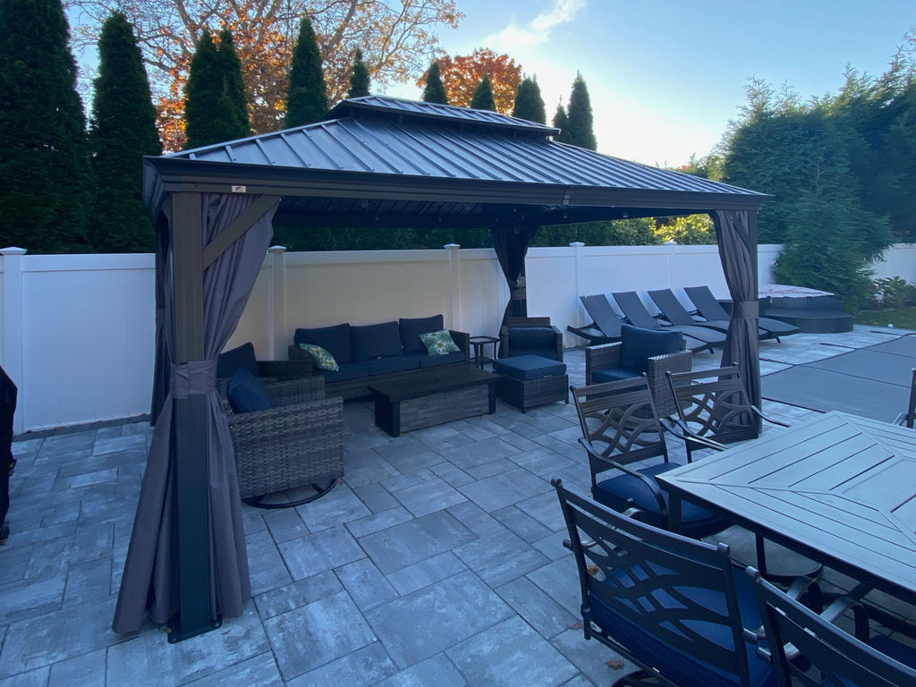 PURPLE LEAF 3.65 x 4.85m Large Hardtop Gazebo with Galvanised Steel Double Roof, Permanent Aluminium Garden Gazebo with Curtains & Netting for Patio, Lawn or Deck, Grey