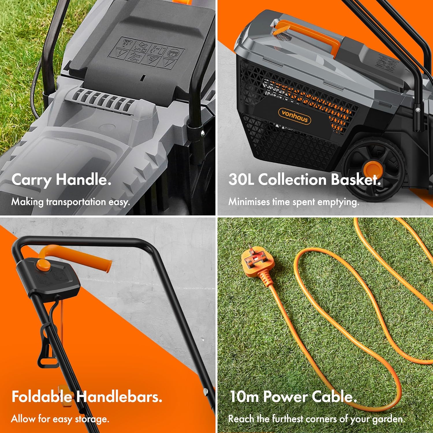 VonHaus Lawnmower 1200W – Electric Corded Lawn Mower for all Types of Grass – 30L Collection Bag, 320mm Working Width, 10m Cable, Foldable Height Adjustable Handlebar, 3 Depth Settings, Carry Handle