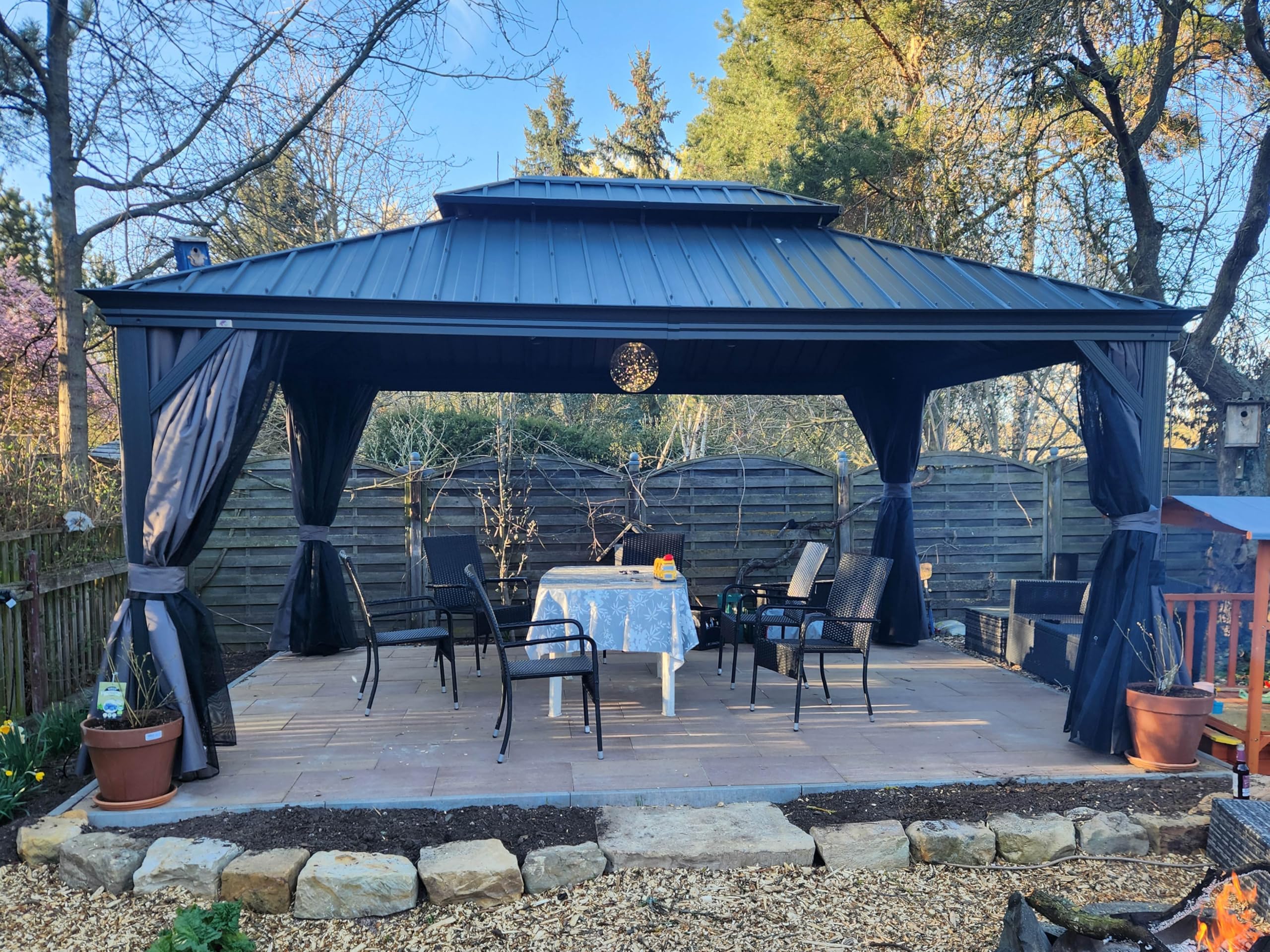 PURPLE LEAF 3.65 x 4.85m Large Hardtop Gazebo with Galvanised Steel Double Roof, Permanent Aluminium Garden Gazebo with Curtains & Netting for Patio, Lawn or Deck, Grey