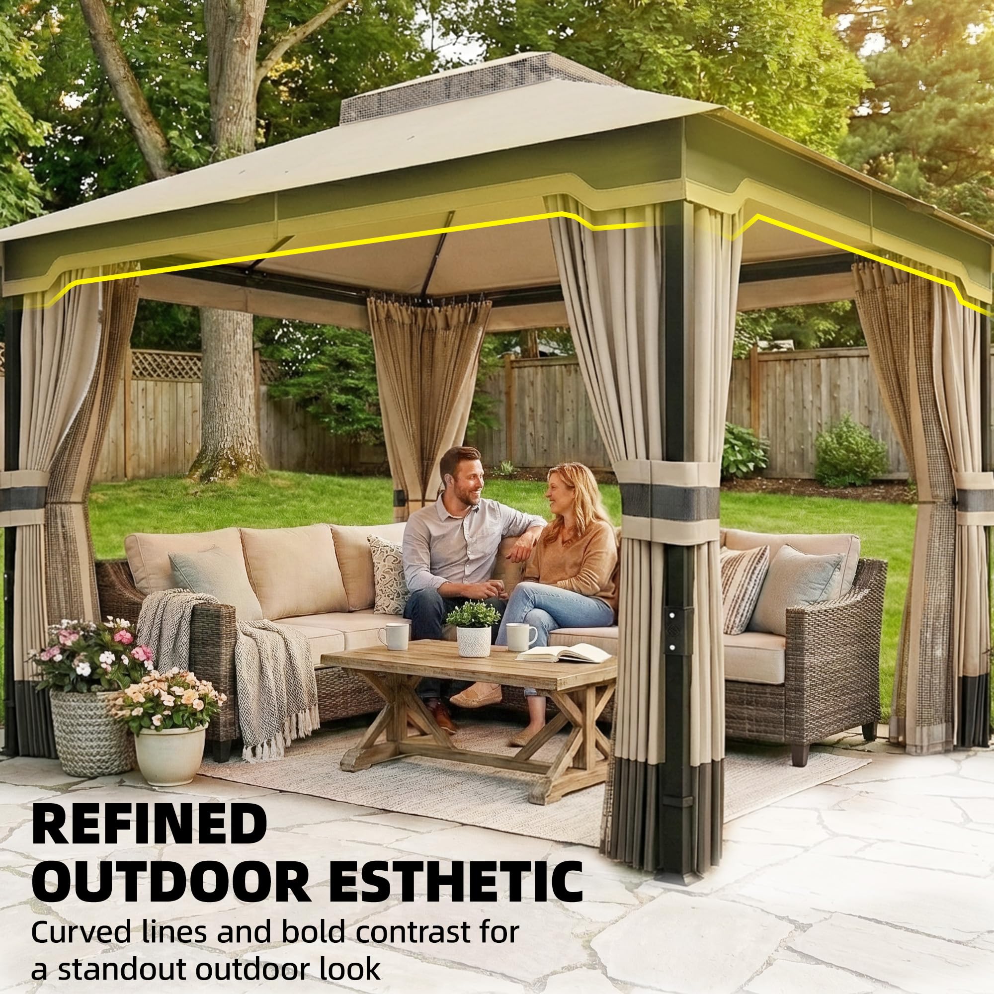 Outsunny 3 x 3.6 m Outdoor Garden Gazebo with Netting and Curtains, Double Roof Patio Gazebo Permanent Pavilion Canopy Shelter with Metal Frame, Drainage Holes, Khaki