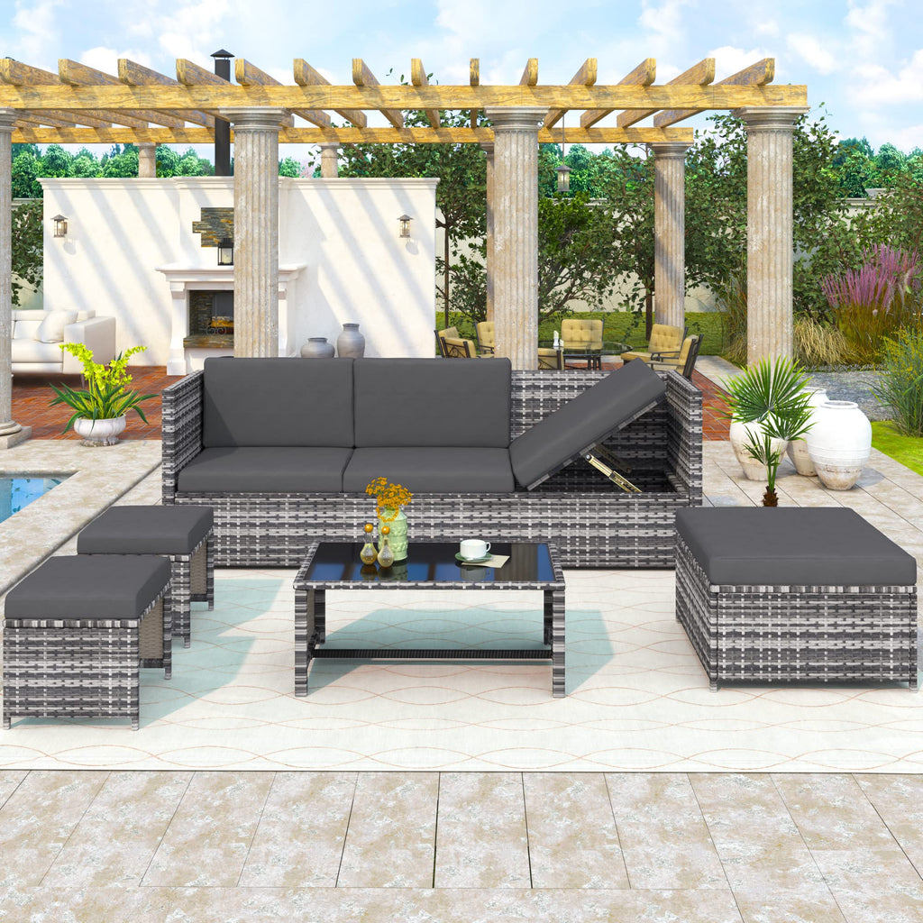BTM 6 Seater Garden Furniture Set, PE Ratten Garden Sofa Set, Lounge Set with an Adjustable Seat for Lying & Tee Table & Cushions & Ottomans