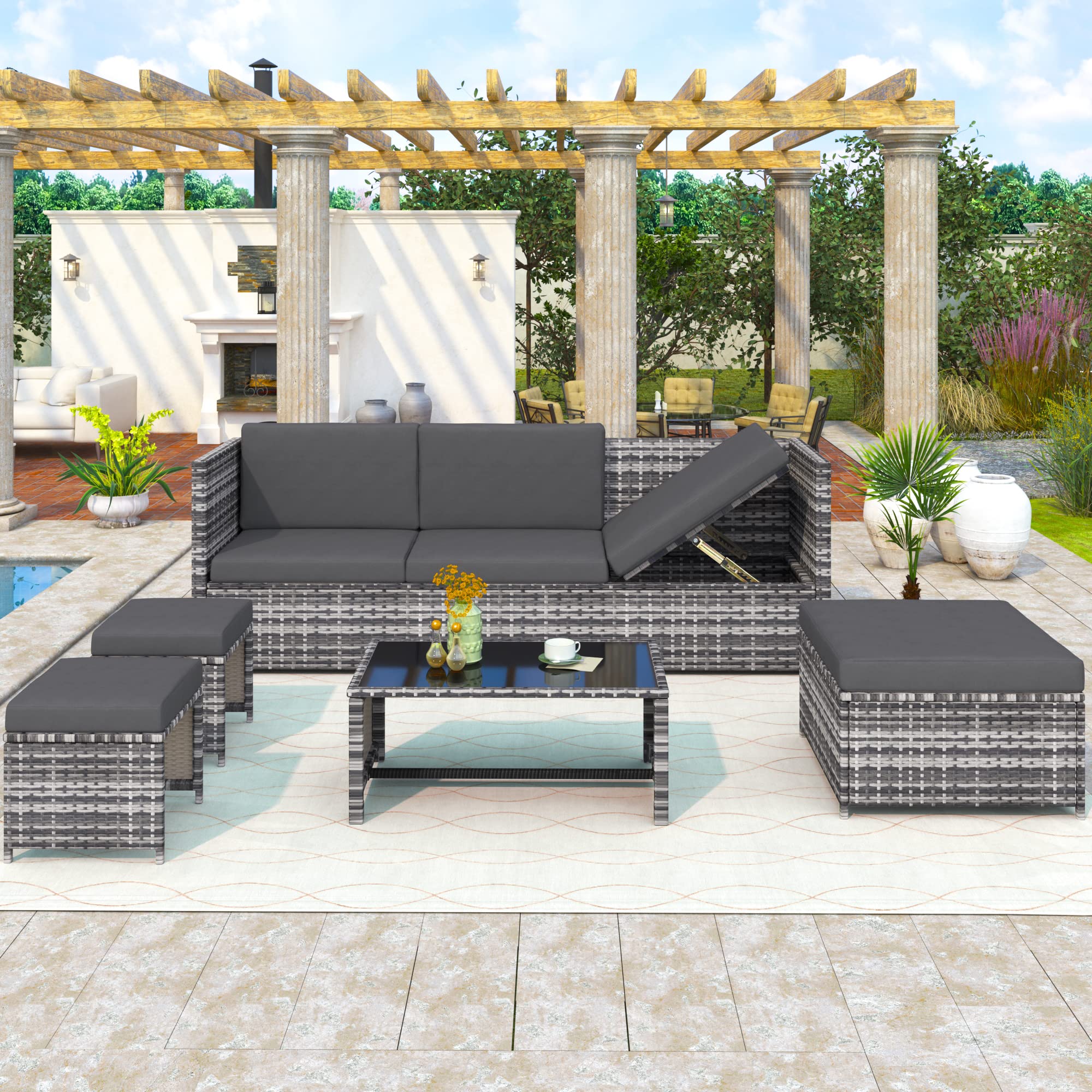 BTM 6 Seater Garden Furniture Set, PE Ratten Garden Sofa Set, Lounge Set with an Adjustable Seat for Lying & Tee Table & Cushions & Ottomans