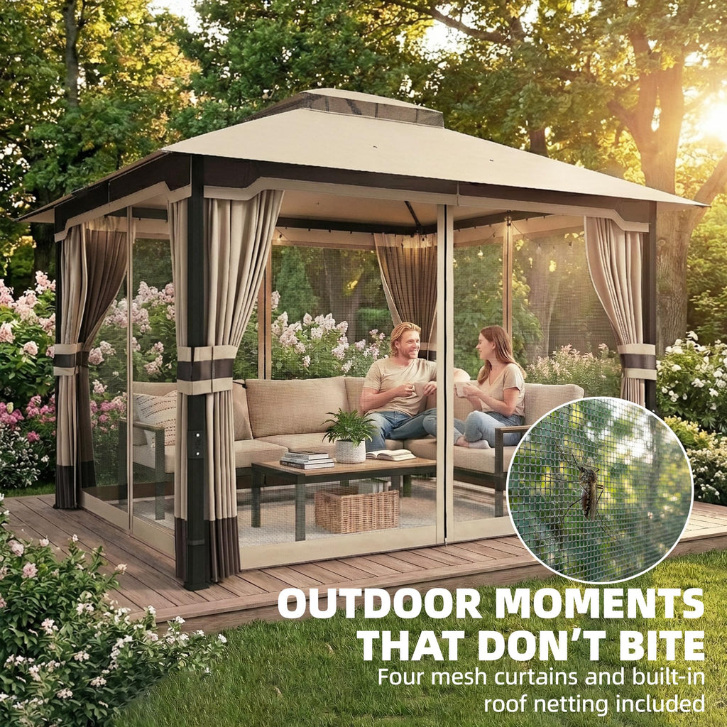 Outsunny 3 x 3.6 m Outdoor Garden Gazebo with Netting and Curtains, Double Roof Patio Gazebo Permanent Pavilion Canopy Shelter with Metal Frame, Drainage Holes, Khaki