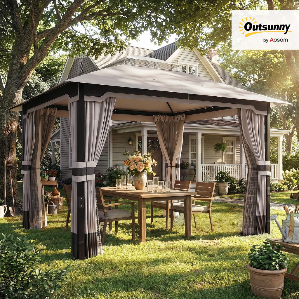 Outsunny 3 x 3.6 m Outdoor Garden Gazebo with Netting and Curtains, Double Roof Patio Gazebo Permanent Pavilion Canopy Shelter with Metal Frame, Drainage Holes, Khaki
